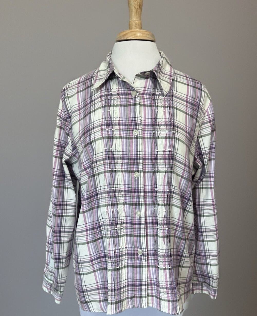 Alfred Dunner Women's 14 Purple Plaid Pintuck Flannel Shirt Country Cottagecore